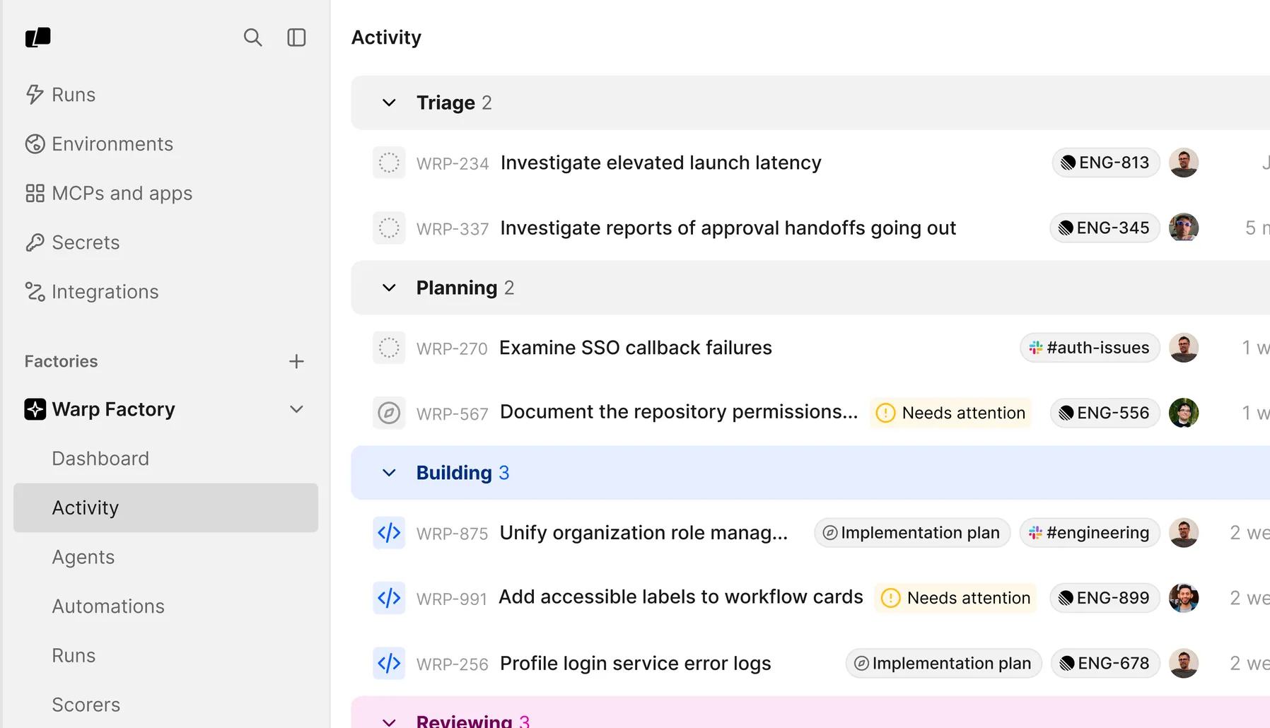 The Activity page of the factory dashboard, listing work items grouped under Triage, Planning, Building, and Reviewing.